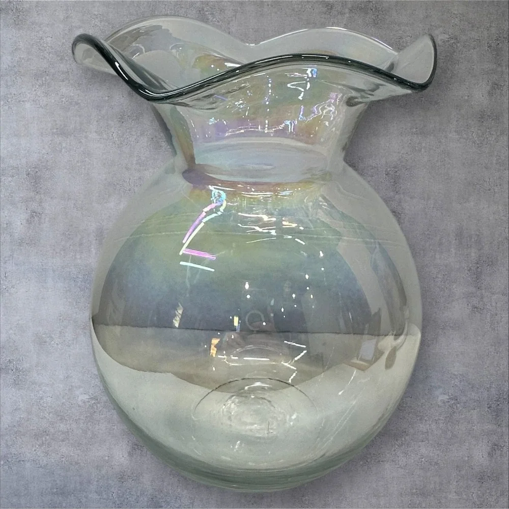 Iridescent Art Glass Vase Hand Blown Clear Wavy Rim Large Bulbous Form‎